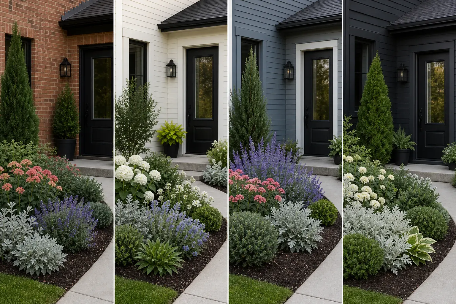 Four entry beds comparing restrained palettes beside warm red brick, cream siding, cool blue-gray siding, and dark charcoal siding