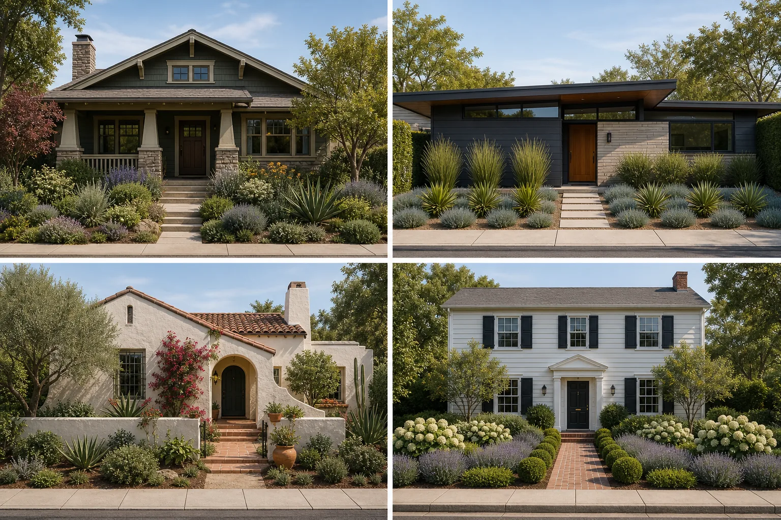 Four front yards showing a Craftsman bungalow with visible porch and layered planting, a mid-century modern house with horizontal repeated blocks, a Spanish Colonial Revival house with a shaded threshold, and a Colonial Revival house with softened symmetry