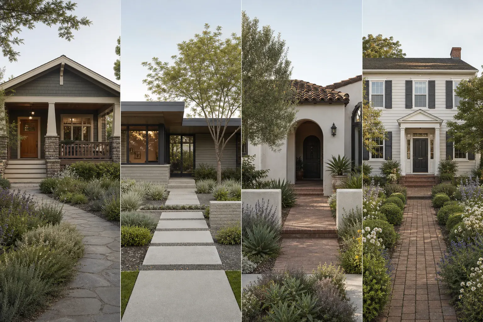 Four front yards showing a Craftsman bungalow, mid-century modern home, Spanish Colonial Revival home, and Colonial Revival home with different landscape structures