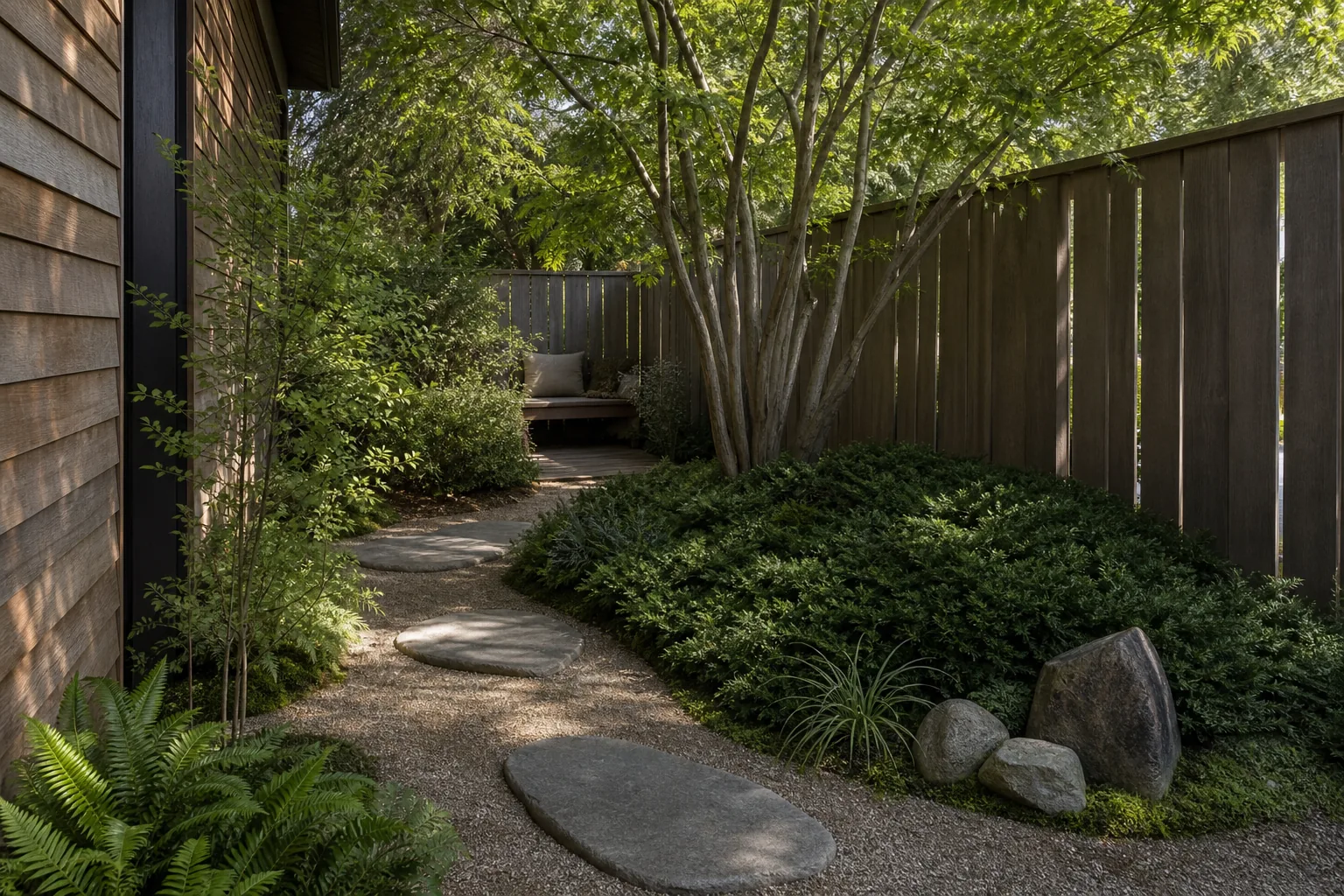 Restrained Japanese-inspired side-yard corner with a path turning behind a planting mass, a multi-stem tree framing a partially revealed bench, low evergreen planting, and grouped stones