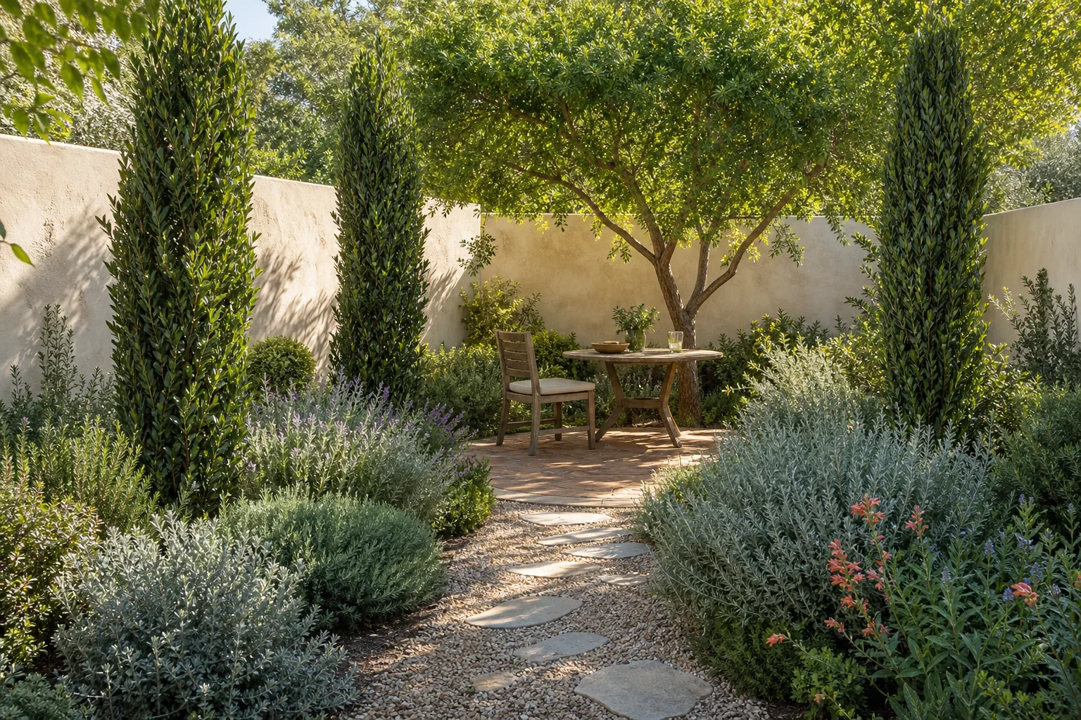 Sunny Mediterranean-inspired courtyard with a small shade tree over a table, three narrow upright plants, repeated silver and deep-green foliage masses, one warm flower accent, and a clear permeable route