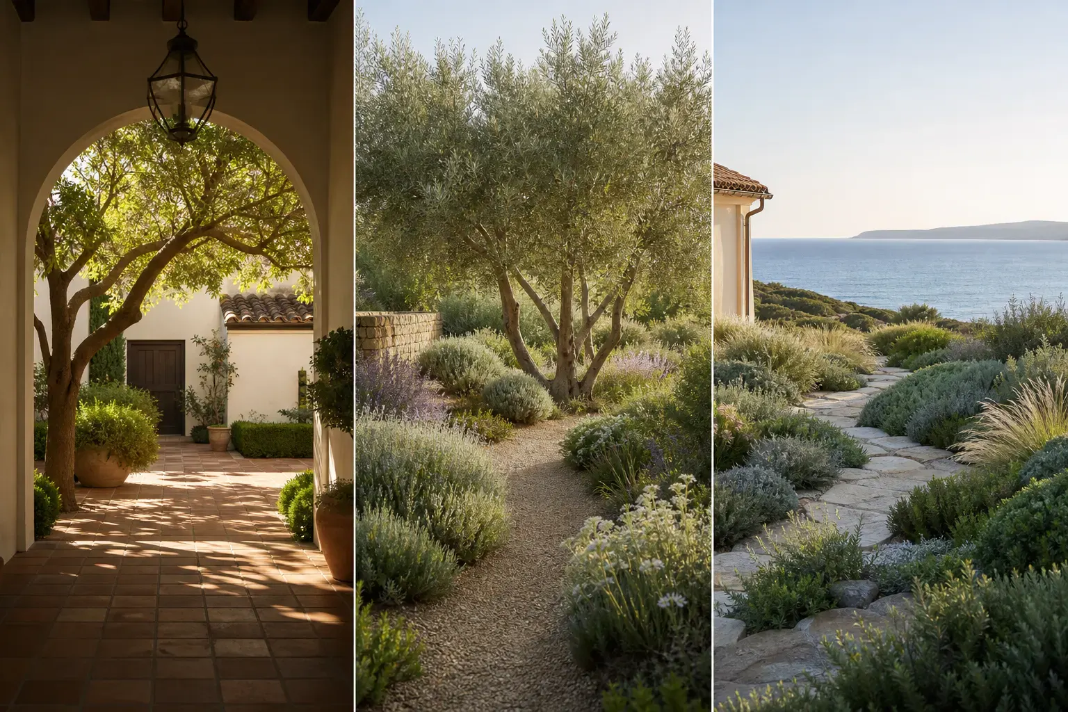 Three Mediterranean-inspired gardens comparing a shaded Spanish courtyard, dry naturalistic Provençal planting, and a low coastal garden