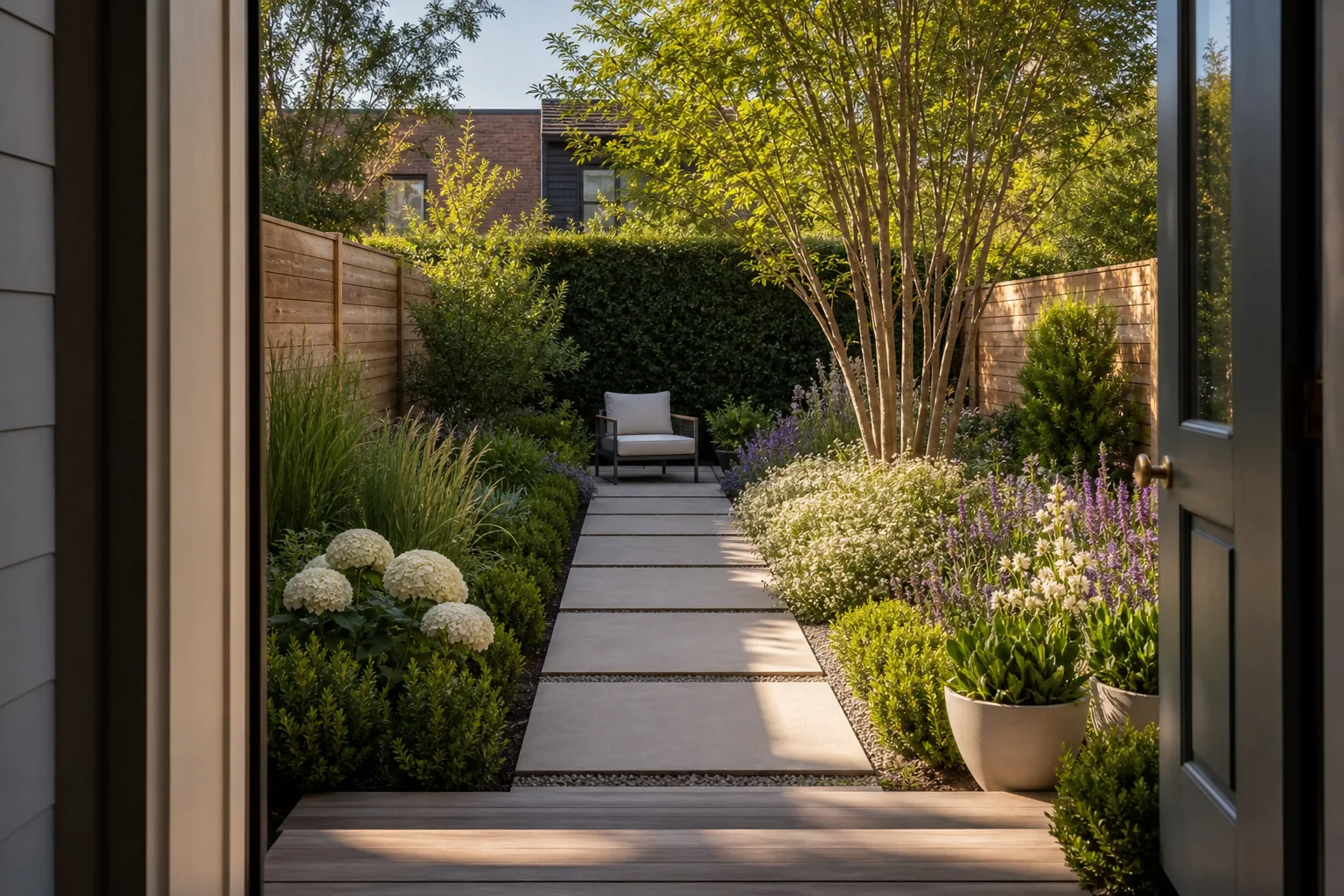 Compact modern backyard seen through an off-center rear door with a straight path to one chair, an offset multi-stem tree, repeated compact structural groups, and one broad soft planting ribbon