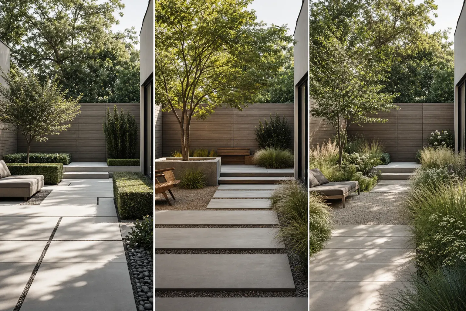 Three modern courtyards comparing architectural minimal, warm mid-century, and naturalistic contemporary planting