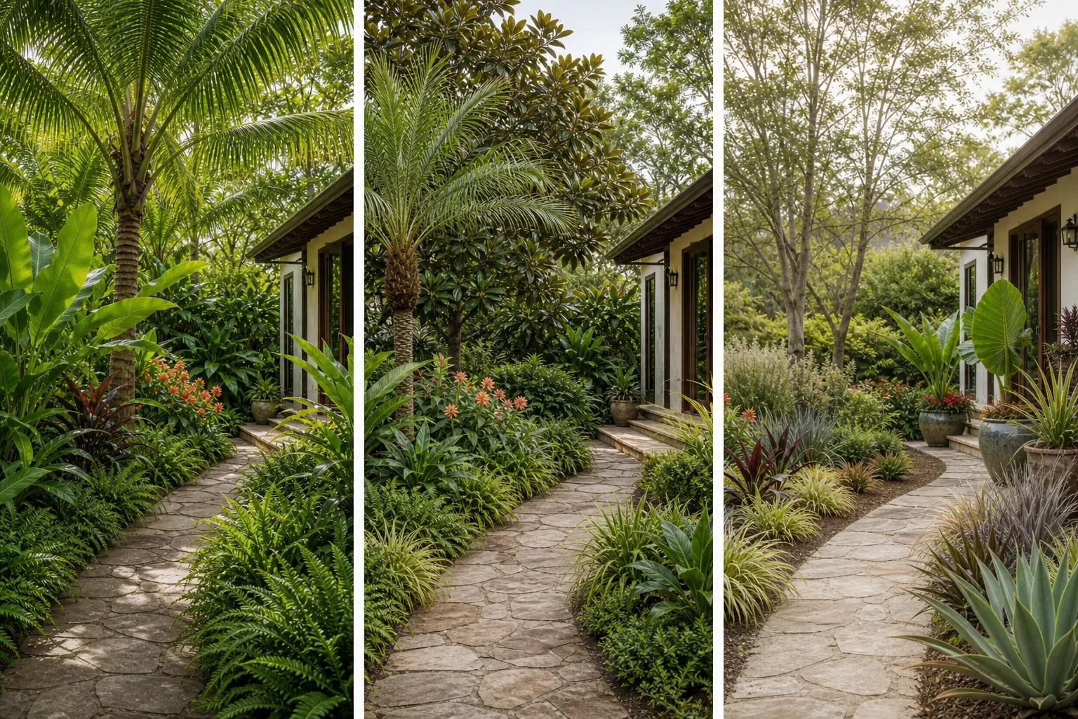 The same house and path shown with frost-free tropical, subtropical, and seasonal-temperate tropical-style planting