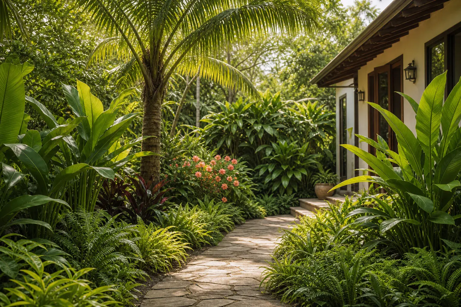 Warm-climate home garden with an airy palm-like canopy, repeated broad-leaf plants, low ferns, a visible stone path, and one coral flower accent