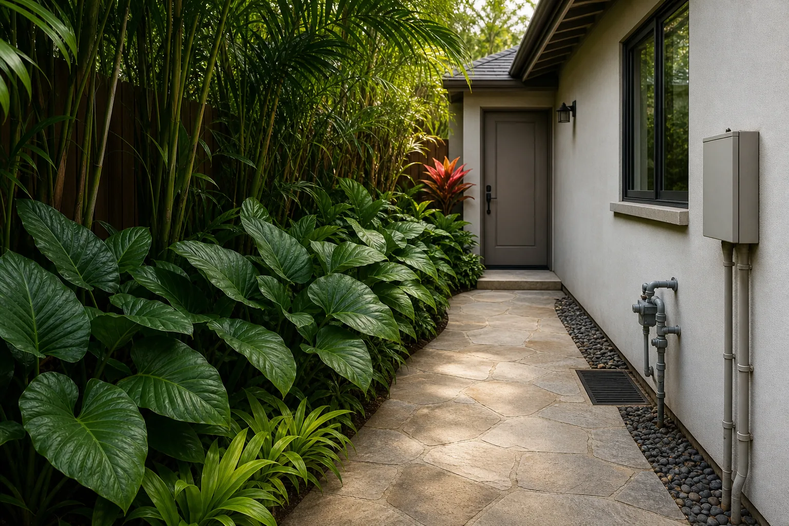 Warm partly shaded side route with tall tropical-looking foliage on one side, repeated broad-leaf masses, a clear walking path, and one warm accent at the turn