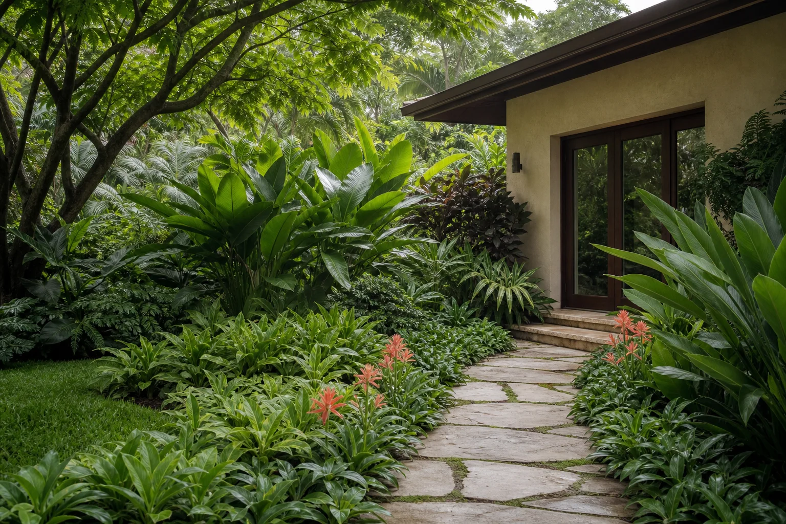 Lush garden beside a modest house with high filtered canopy, repeated broad-leaf middle masses, low foliage closing soil gaps, and coral flowers near the path