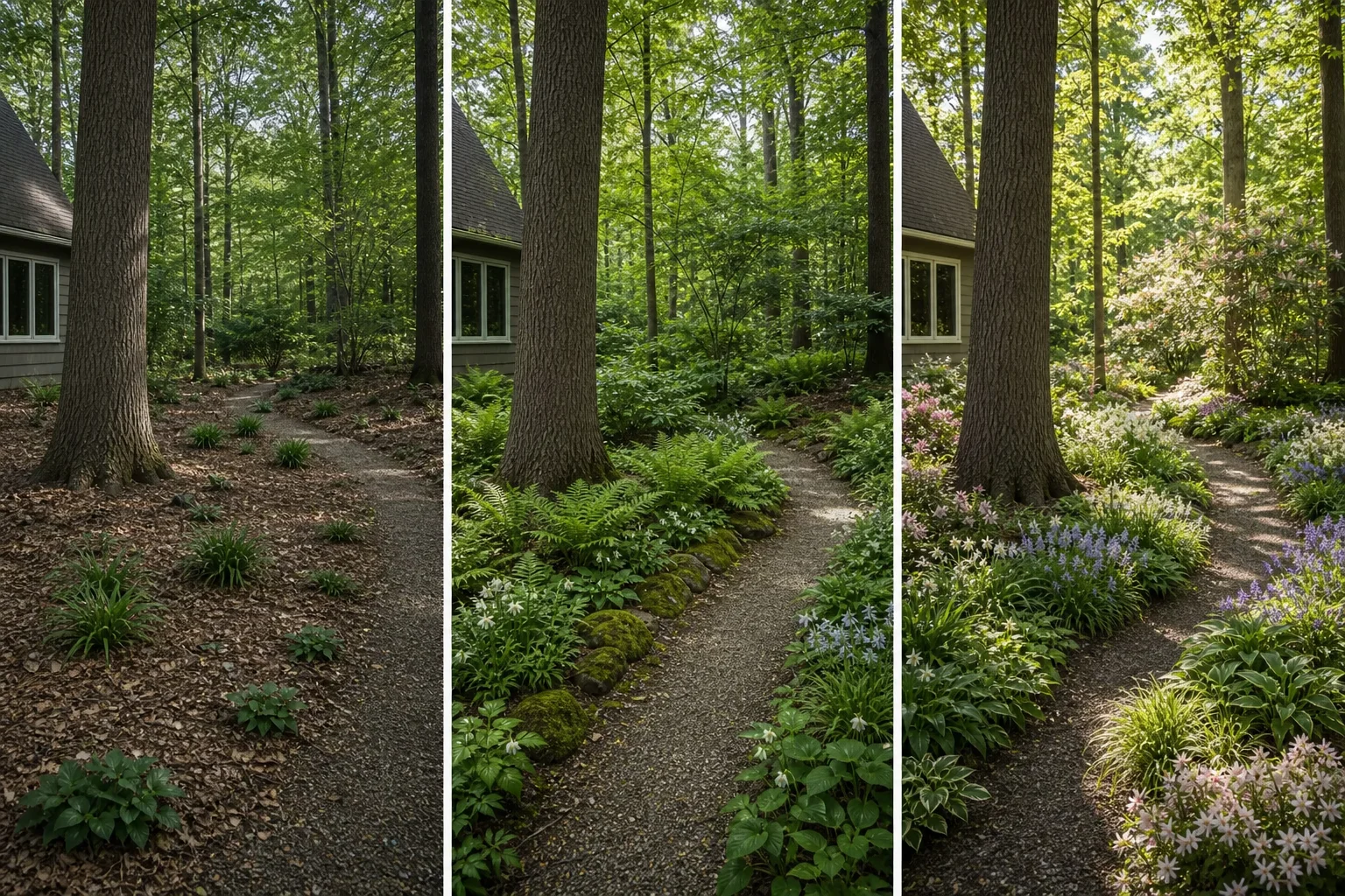 The same mature-tree garden shown as dry shade, moist filtered shade, and a brighter flowering woodland edge
