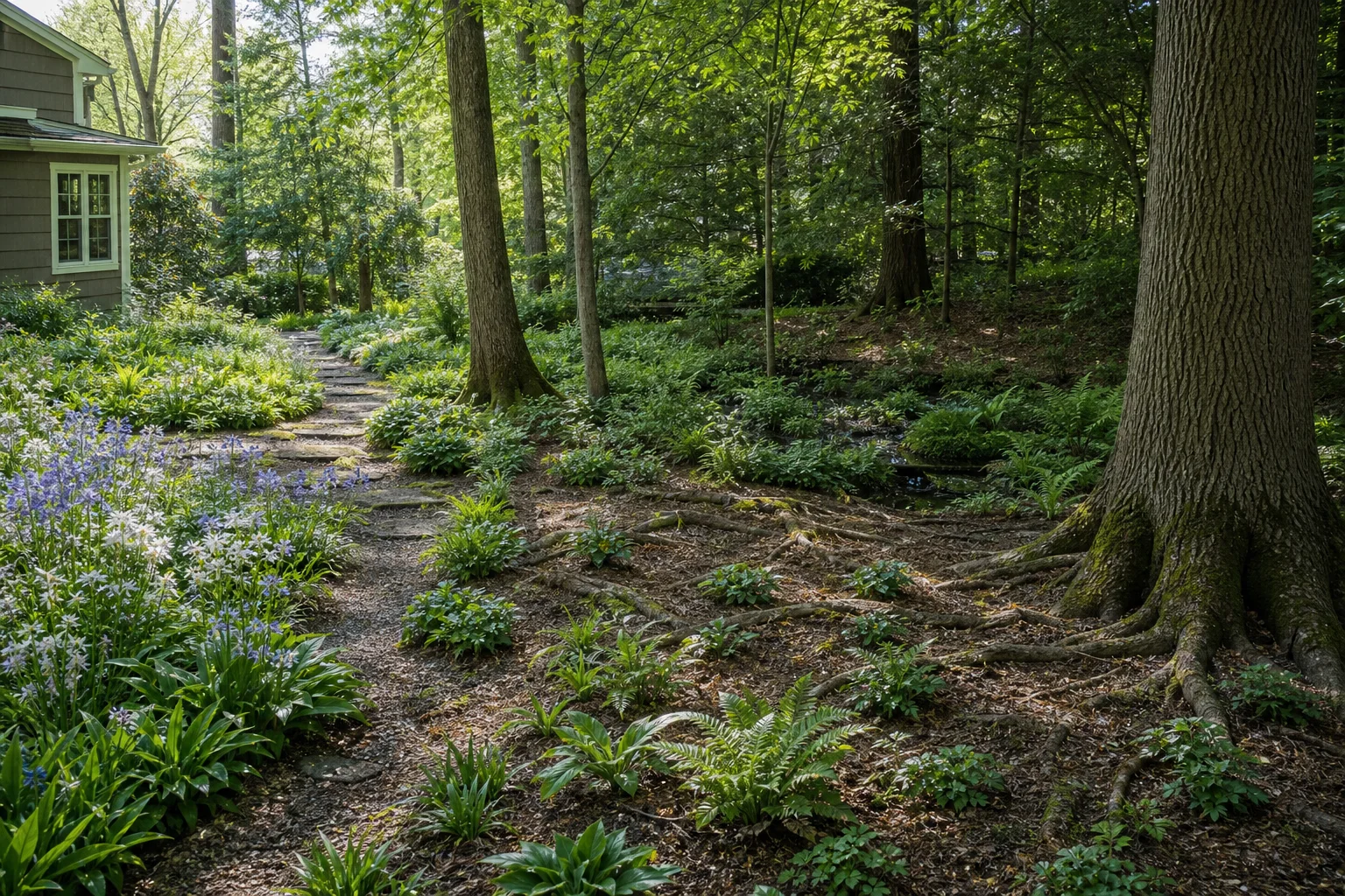 Woodland garden transitioning from a brighter flowering edge to filtered shade, exposed mature tree roots, small planting pockets, and a moister low area