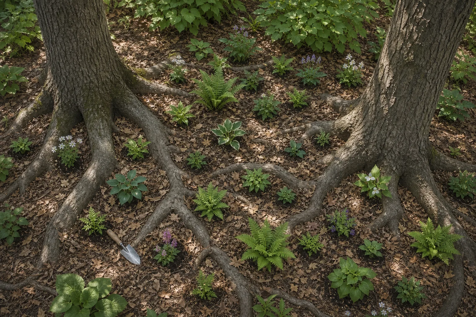 Oblique top-down view beneath two mature trees with visible trunk flares and surface roots, small woodland plants placed only in natural soil pockets, and a light leaf-mulch layer