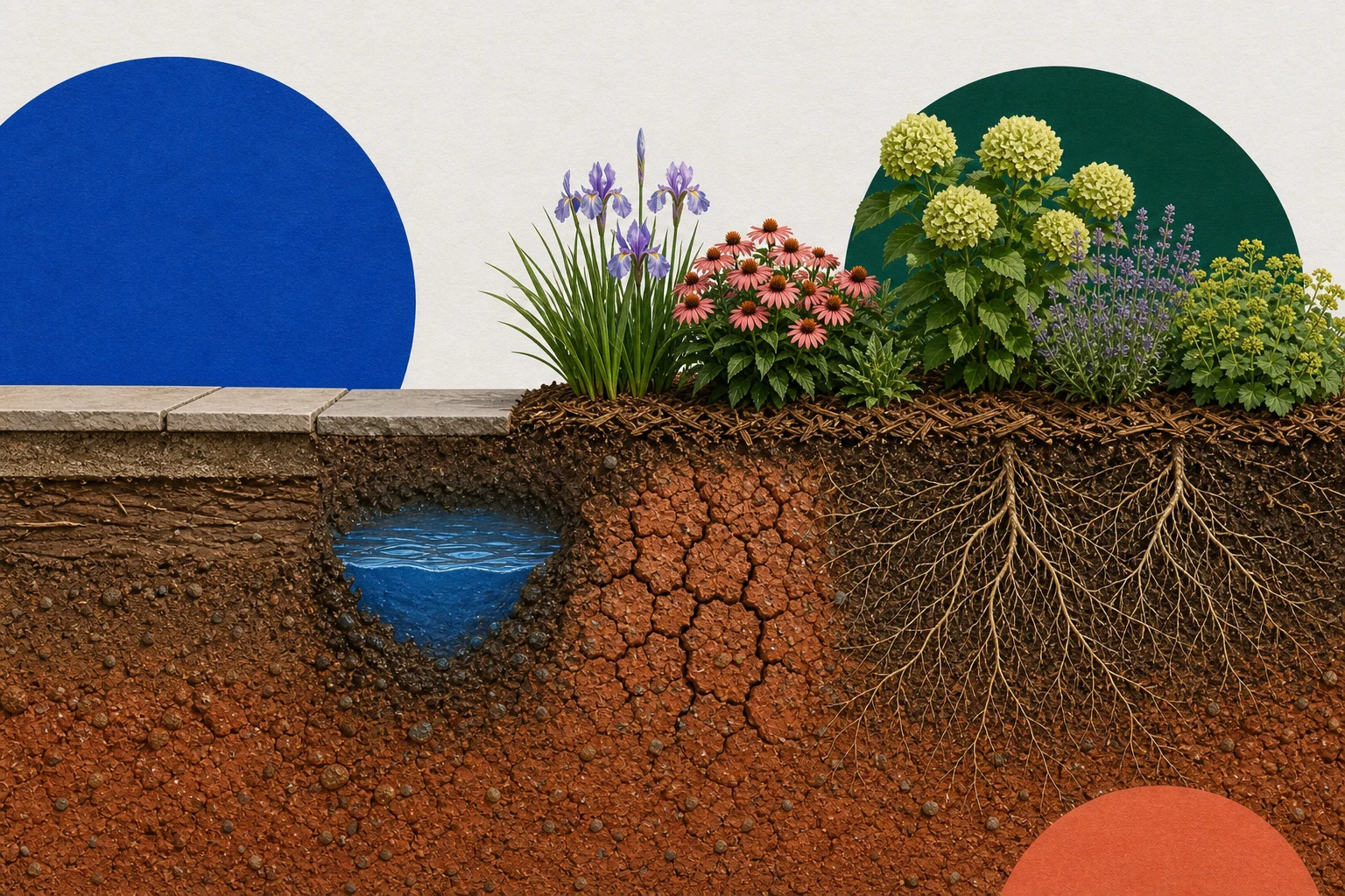 Clay soil cutaway showing a compacted path edge, wet pocket, dry cracked zone, surface mulch, and roots spreading through the planted area