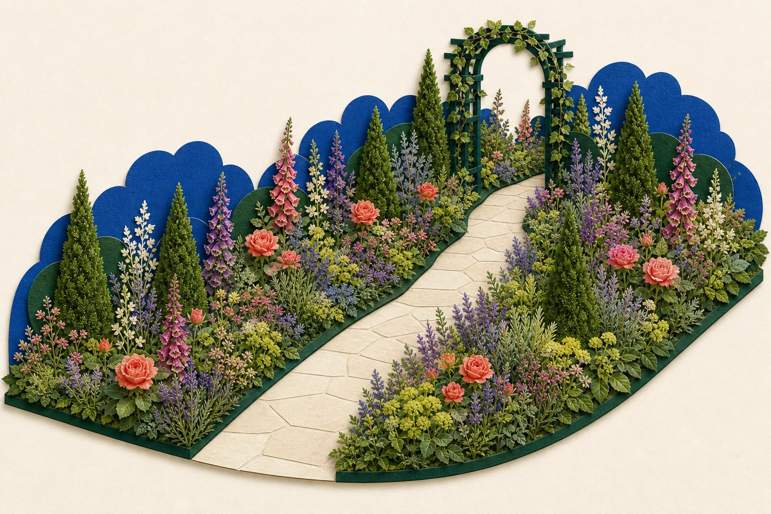 Cottage border with a clear path, arbor, and repeated dark-green anchors supporting loose flower drifts and upright spires