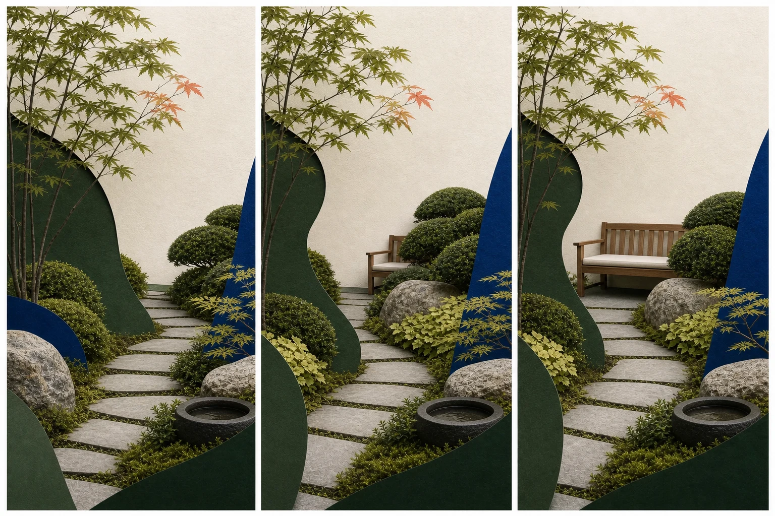 Three successive views along the same garden path, with a bench hidden at the entrance, partly visible at the bend, and fully framed at the destination