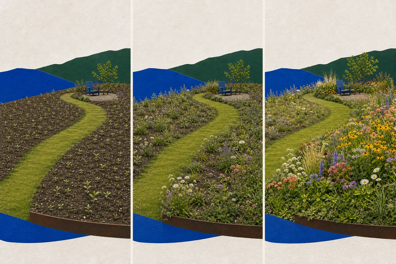 Three stages of the same meadow, from prepared soil and seedlings to young uneven growth and a mature flowering planting, with the path and edge unchanged