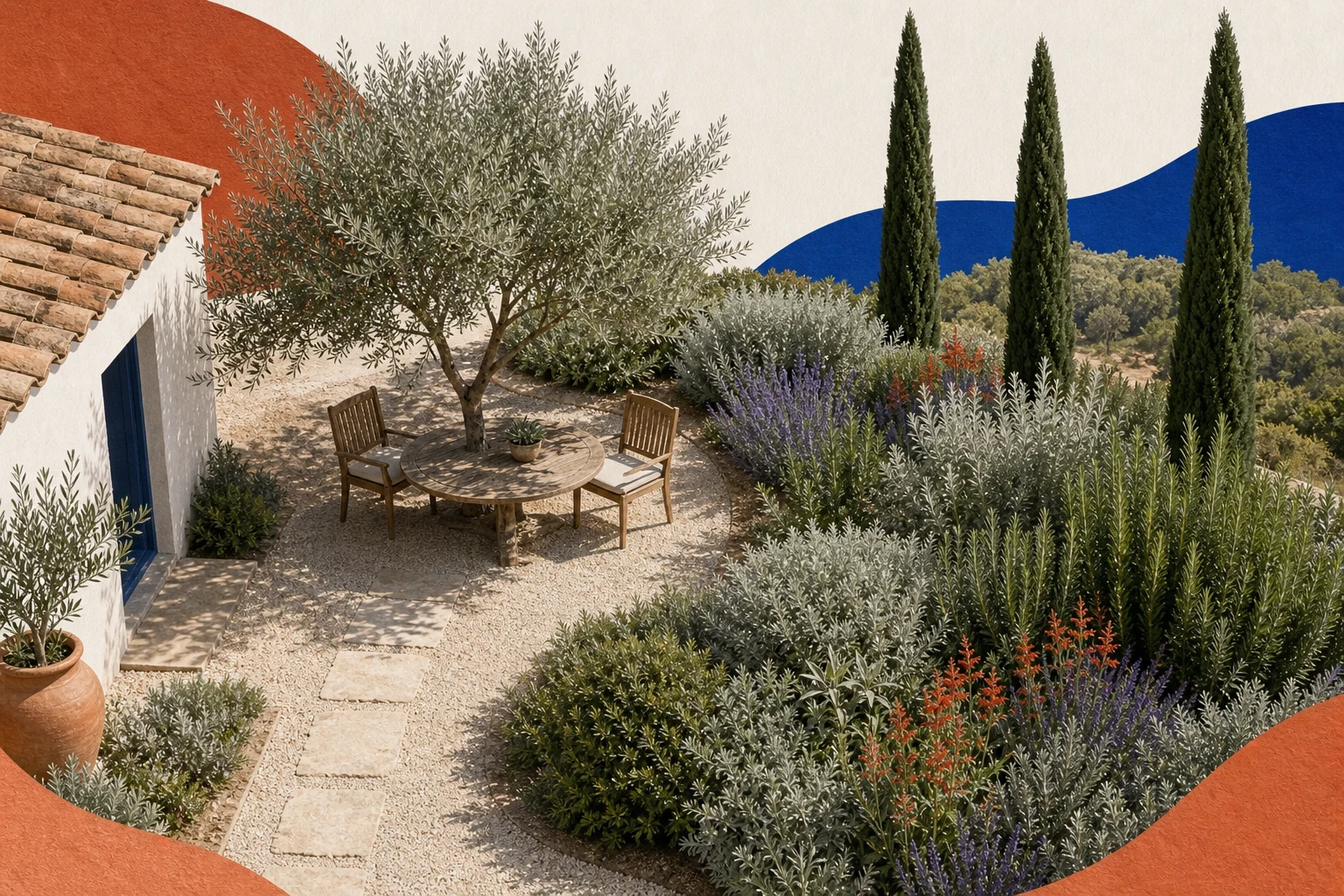 Sunny courtyard organized around a shaded table, clear permeable route, planted silver-green masses, and three narrow vertical accents