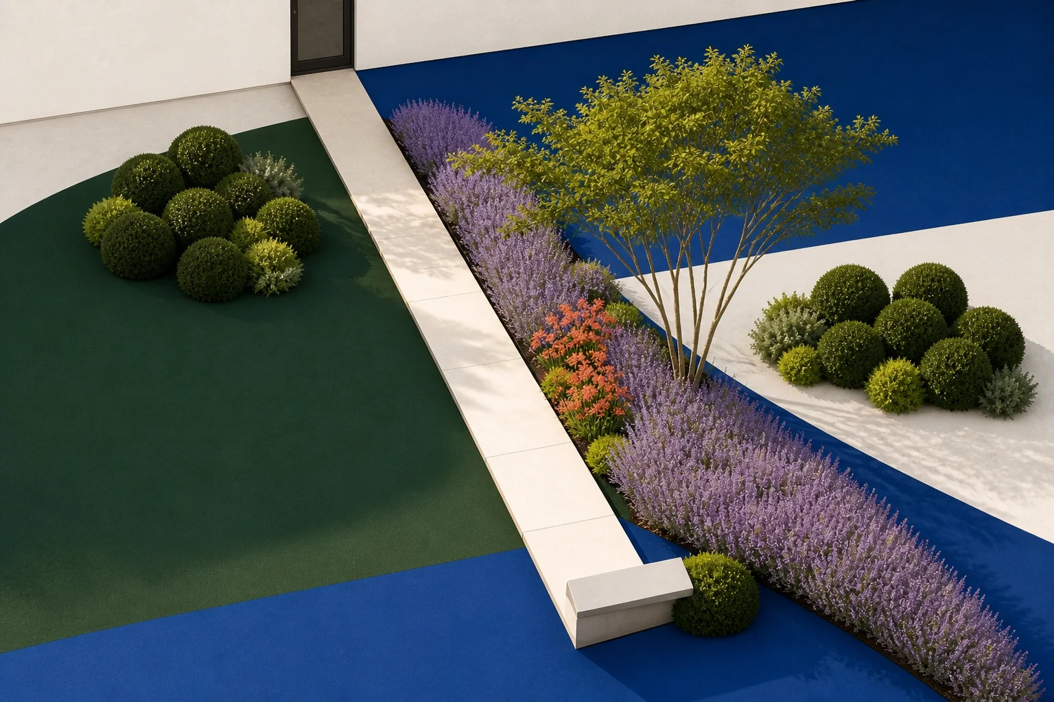 Modern garden plan with one straight path from an off-center door, an aligned bed edge, an offset multi-stem tree, repeated shrubs, and one lavender ribbon
