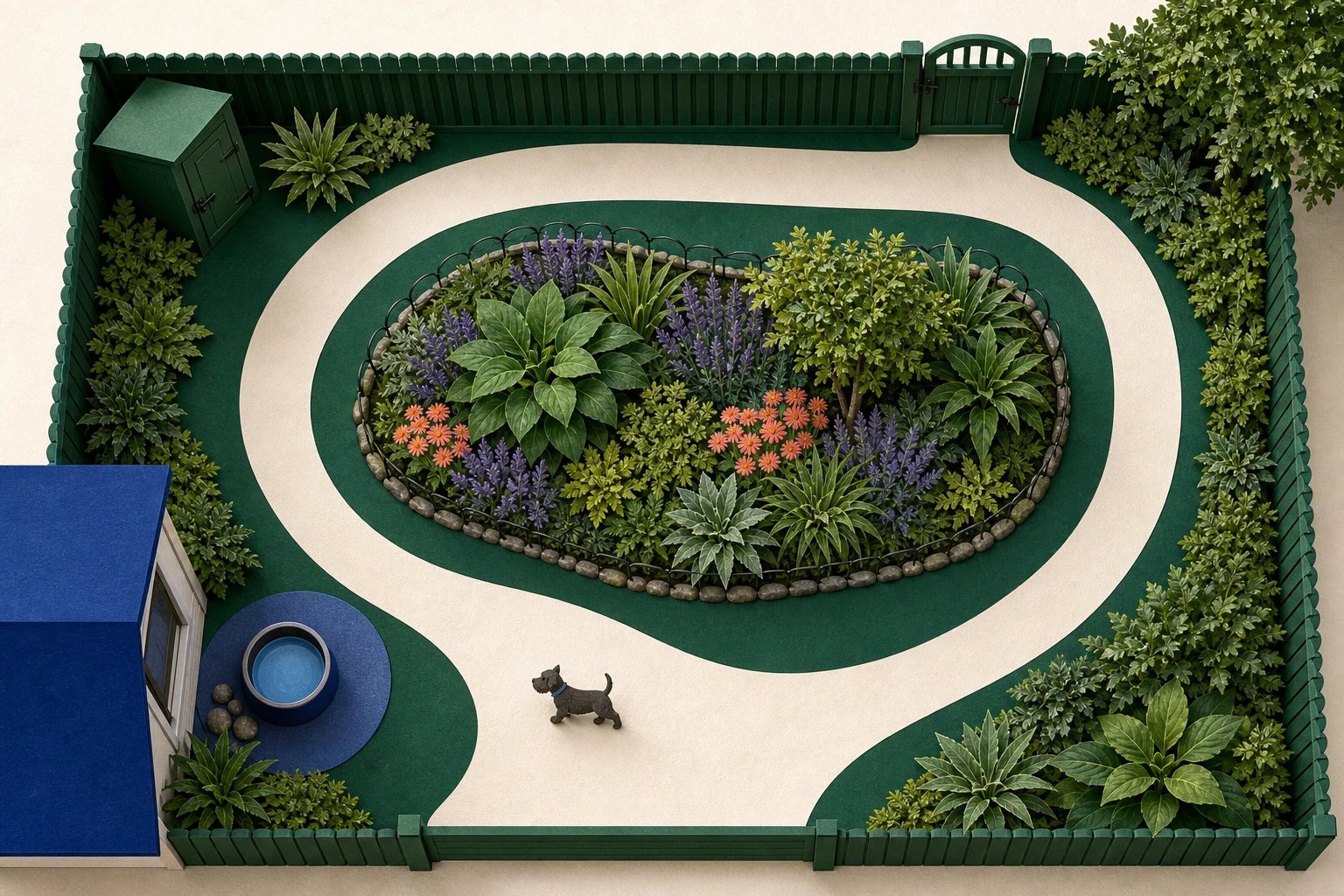 Top-down pet-aware yard plan with a continuous fence-line loop, central protected bed, shaded water station, secure gate, and closed storage