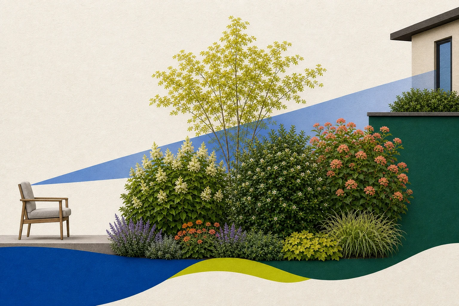 Side view from a patio chair to an upper window, with the sightline interrupted by overlapping shrubs and a small tree