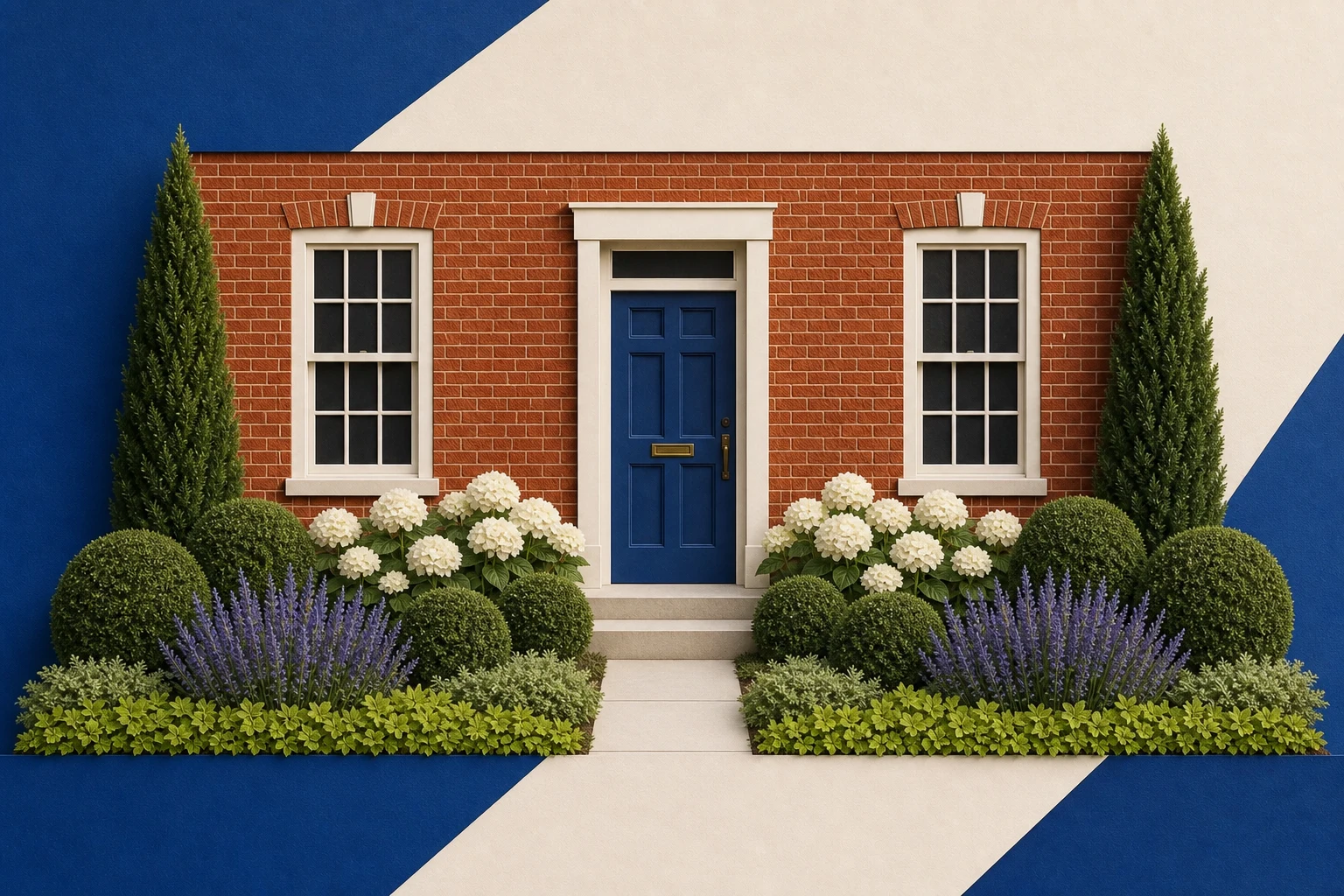 Red-brick facade with clear windows and door, grounded by deep-green shrubs, white flowers, blue-violet accents, and a low chartreuse edge