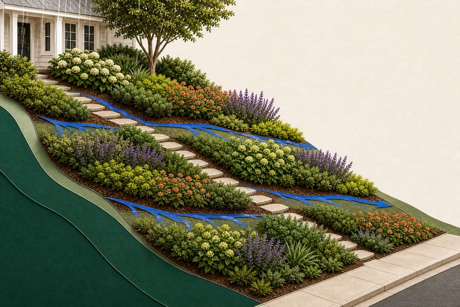Front slope with broad planted bands across the contour, a diagonal route, and runoff spreading as it meets each band