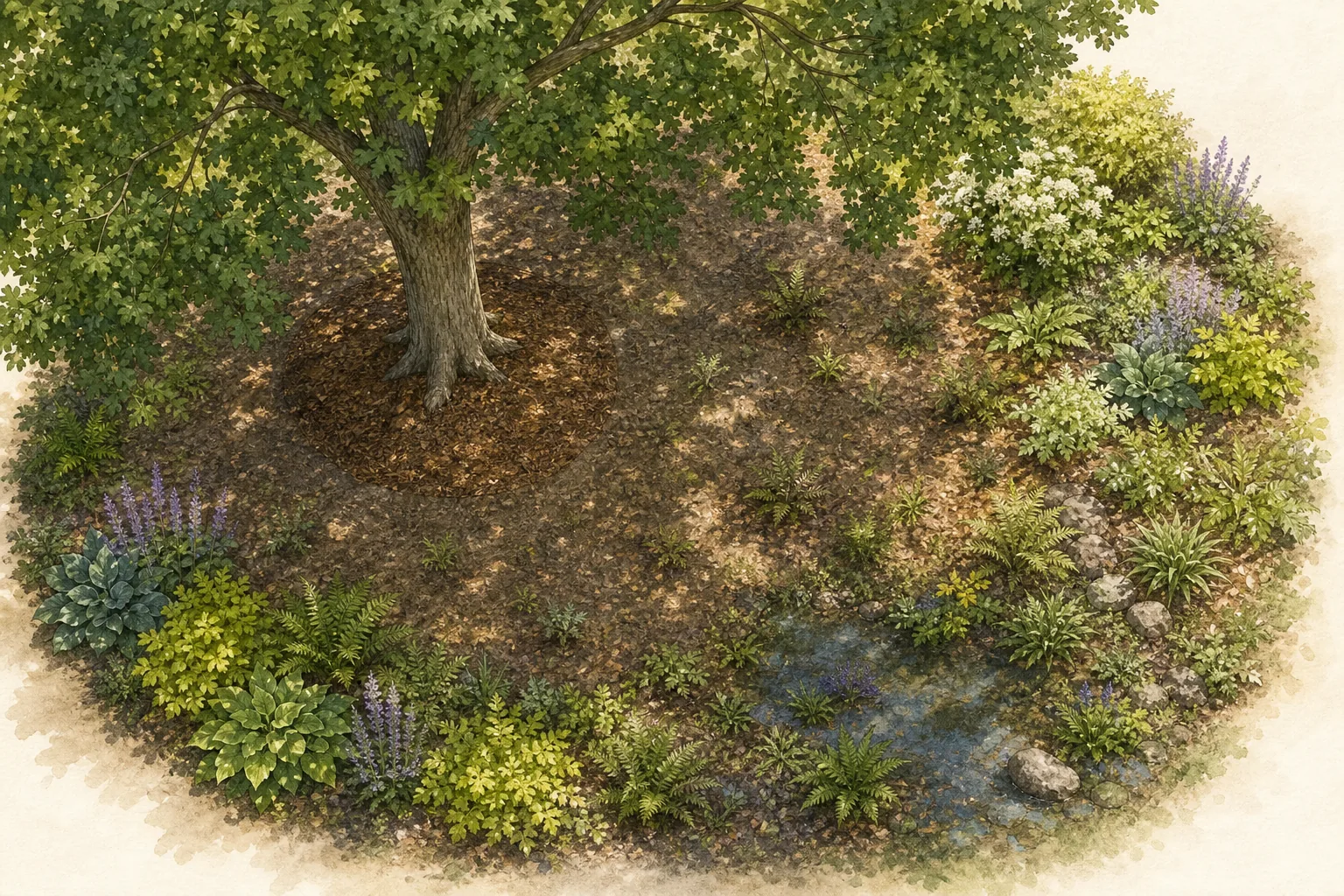 Top-down mature tree understory showing a clear trunk area, a sparse dry inner canopy, a more planted bright outer edge, and one lower moist pocket