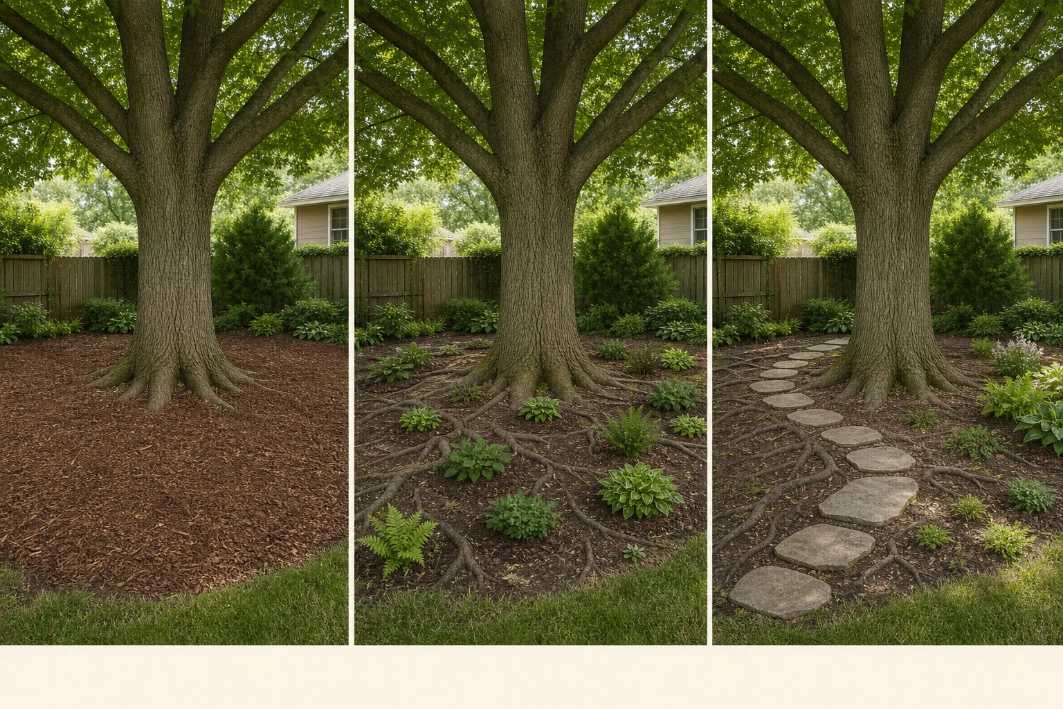Three views of the same mature tree comparing shallow mulch only, small planting pockets between roots, and a light stepping route through natural root gaps