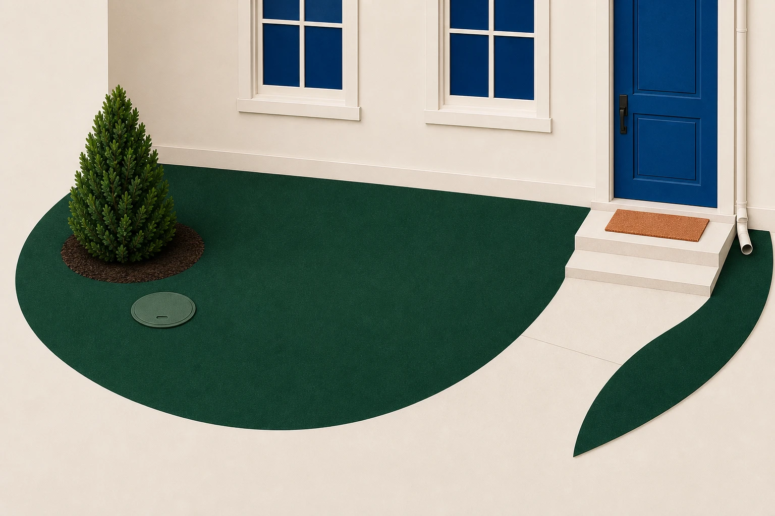 An ordinary front yard with a clear entry bed, path, tree, downspouts, and utility cover before design work