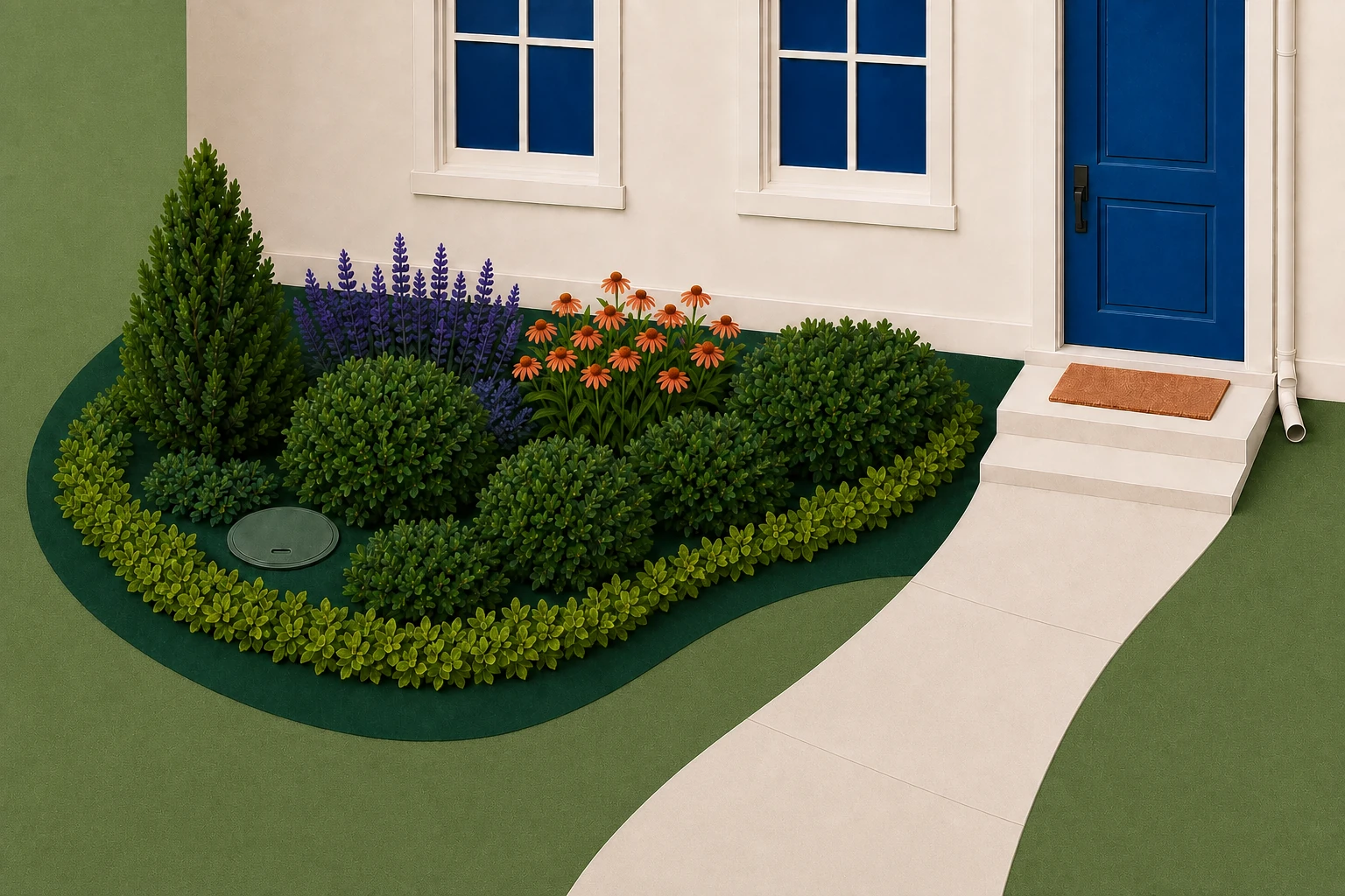 The same front yard finished with broad shrub, perennial, and ground-layer masses around a clear path and lawn