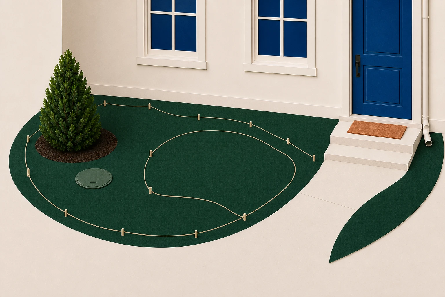 The same front yard with hose and stakes outlining planting areas around a clear path and open lawn