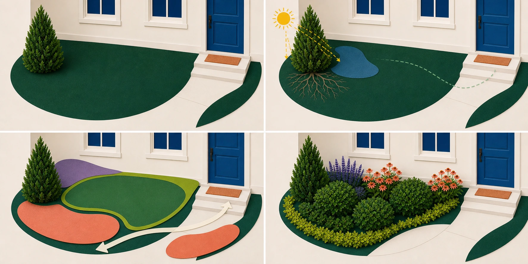 Four stages of the same yard moving from existing conditions to site observations, broad use areas, and a planted layout