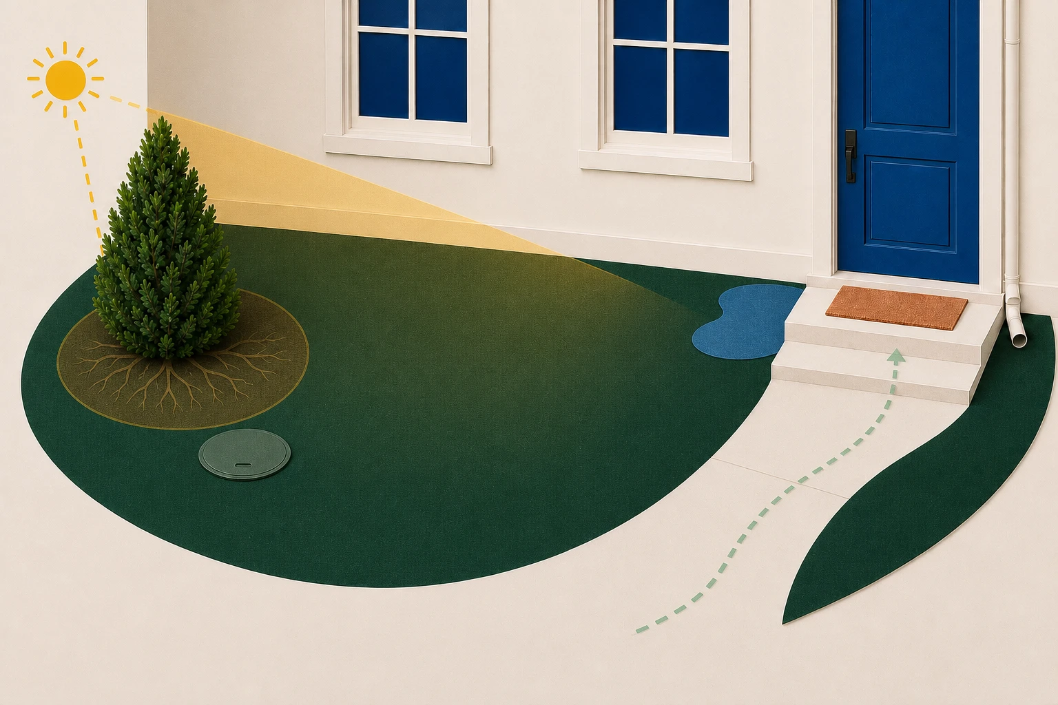 The same front yard with temporary observation tools for routes, utilities, water, and property edges