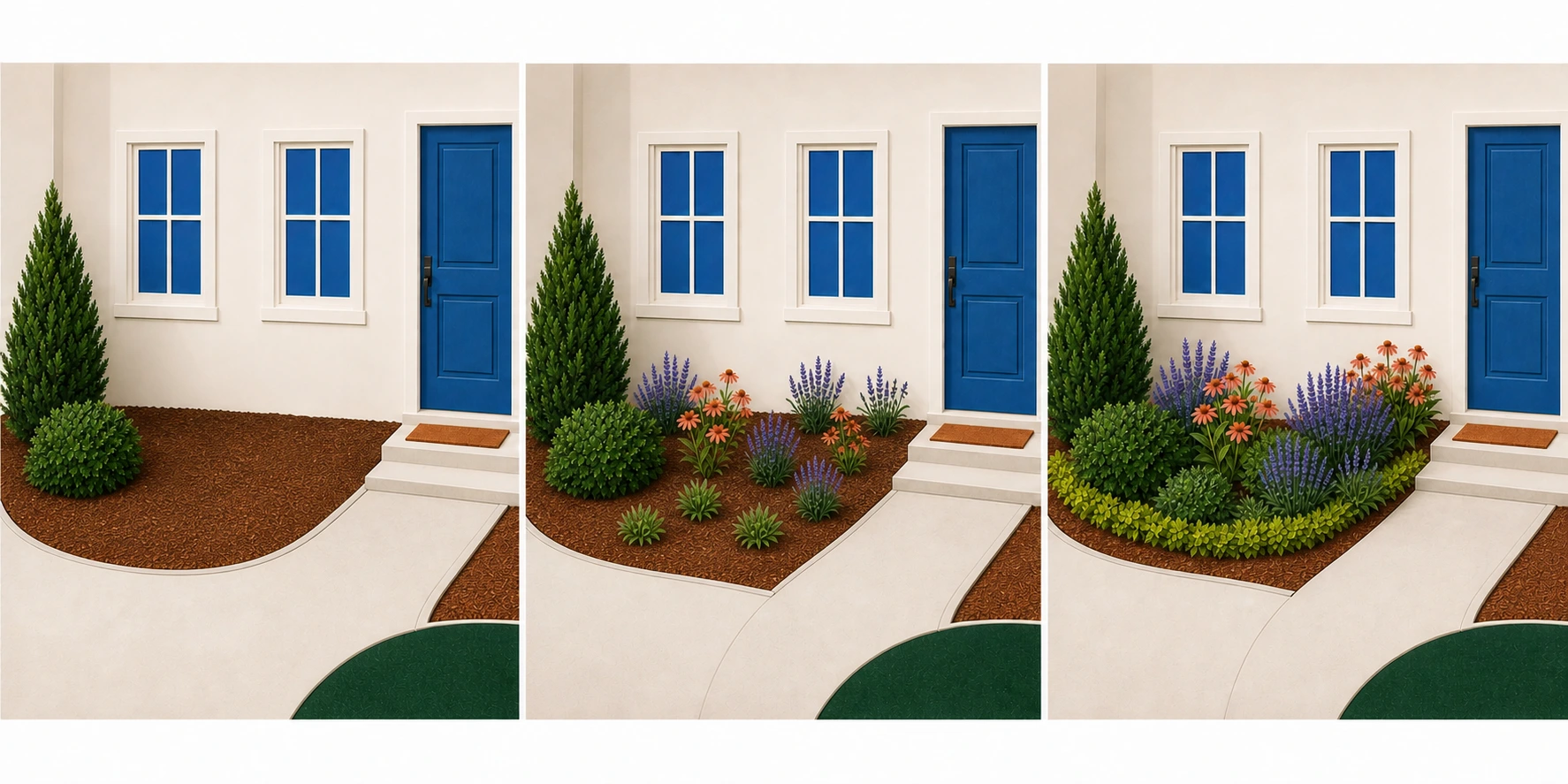 Three stages of the same entry bed showing healthy plants kept, one young planted zone completed, and the repeated palette expanded later