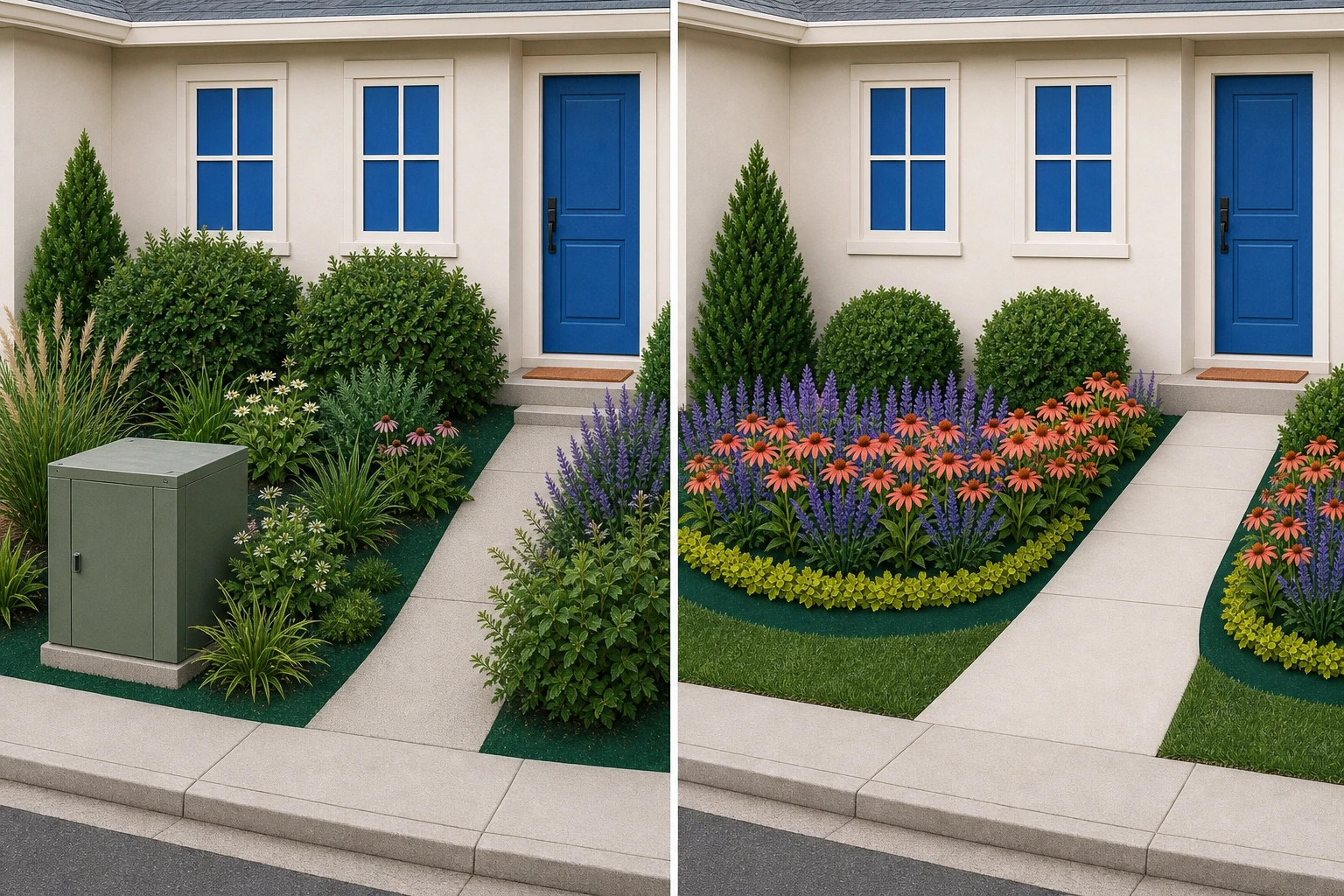 The same curb-facing house before and after the path, windows, and front door are made easier to see