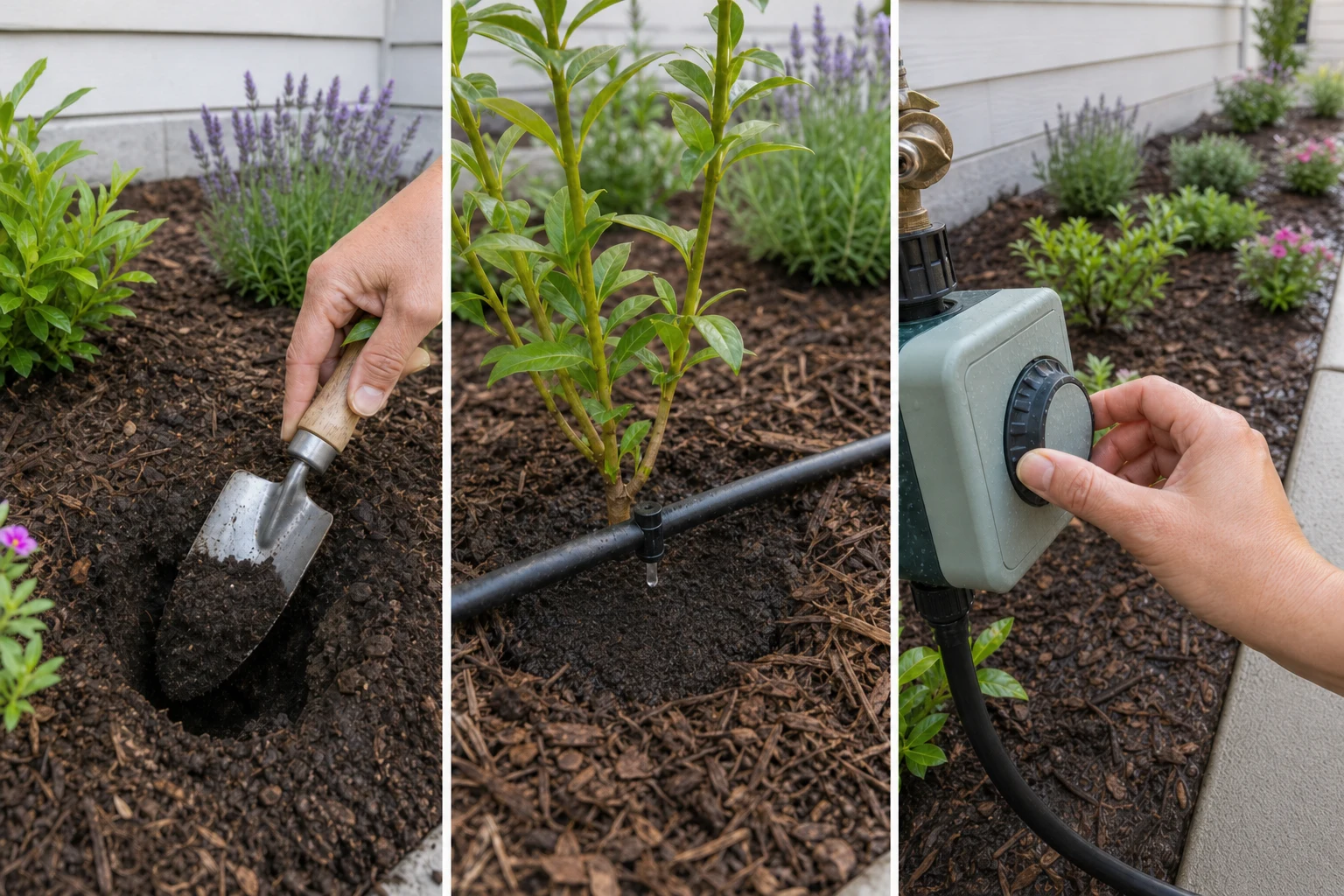 Three first-season care actions: checking moisture below the surface, watering slowly at the root area, and adjusting an irrigation timer after weather changes