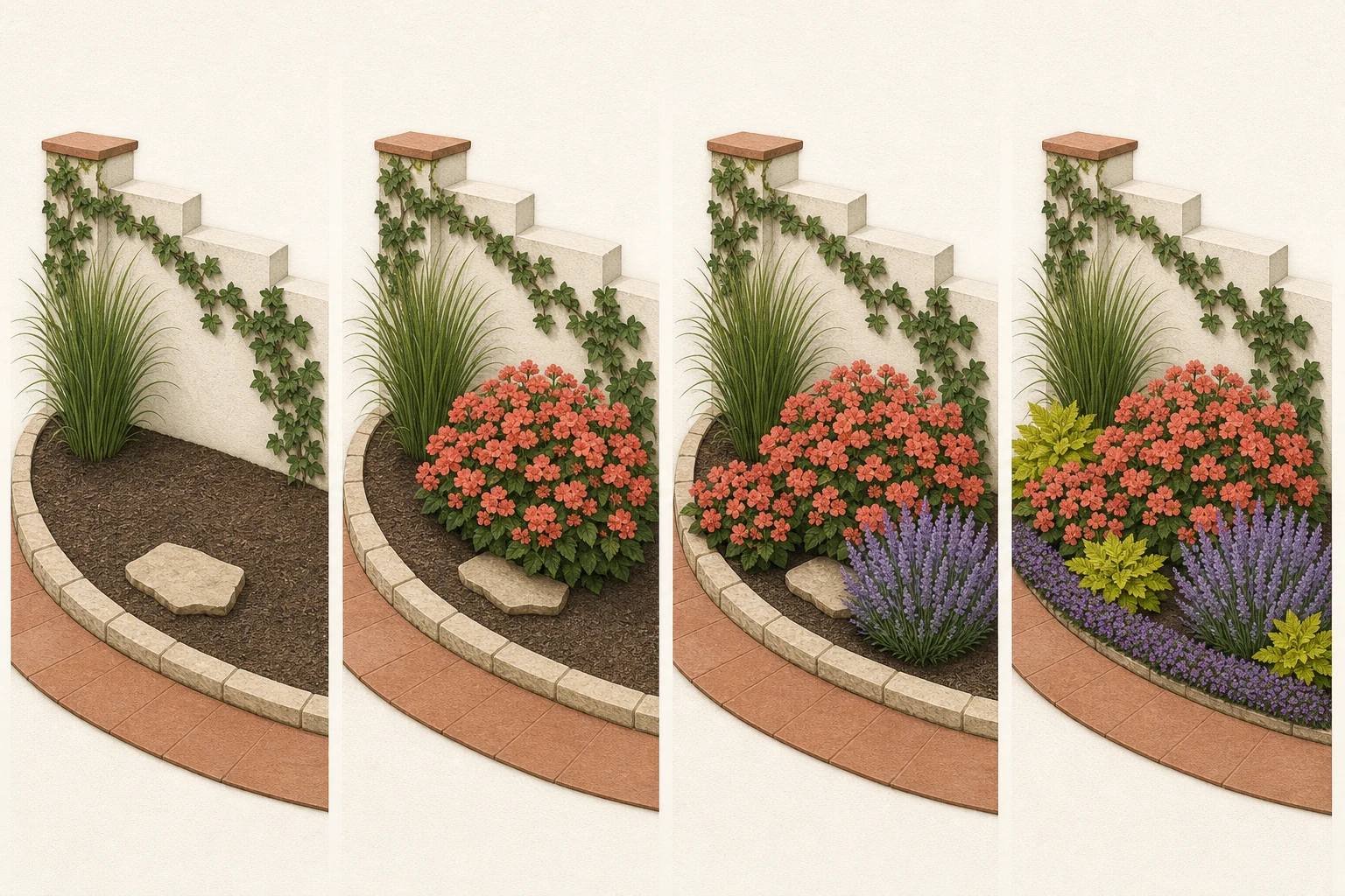 Four-stage sequence building the same curved flower bed from one structural grass to a finished arrangement with a dominant coral flower mass, a smaller lavender mass, contrasting foliage, and a low edge