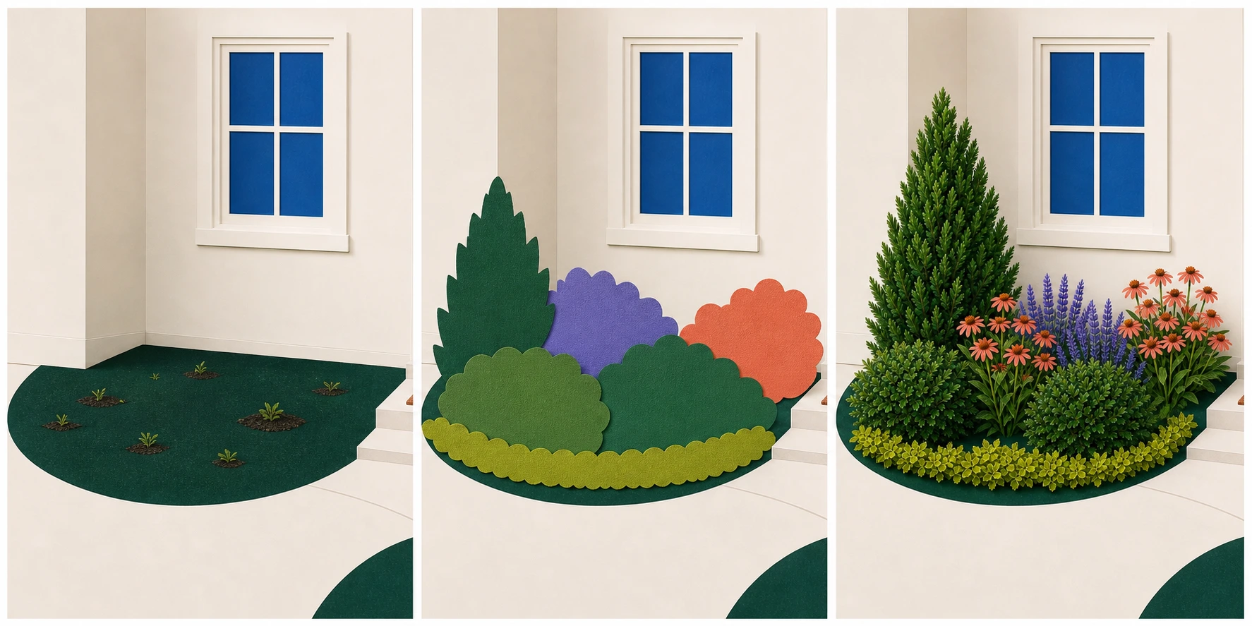 Three stages moving from an existing flower bed to broad plant masses and a restrained plant palette