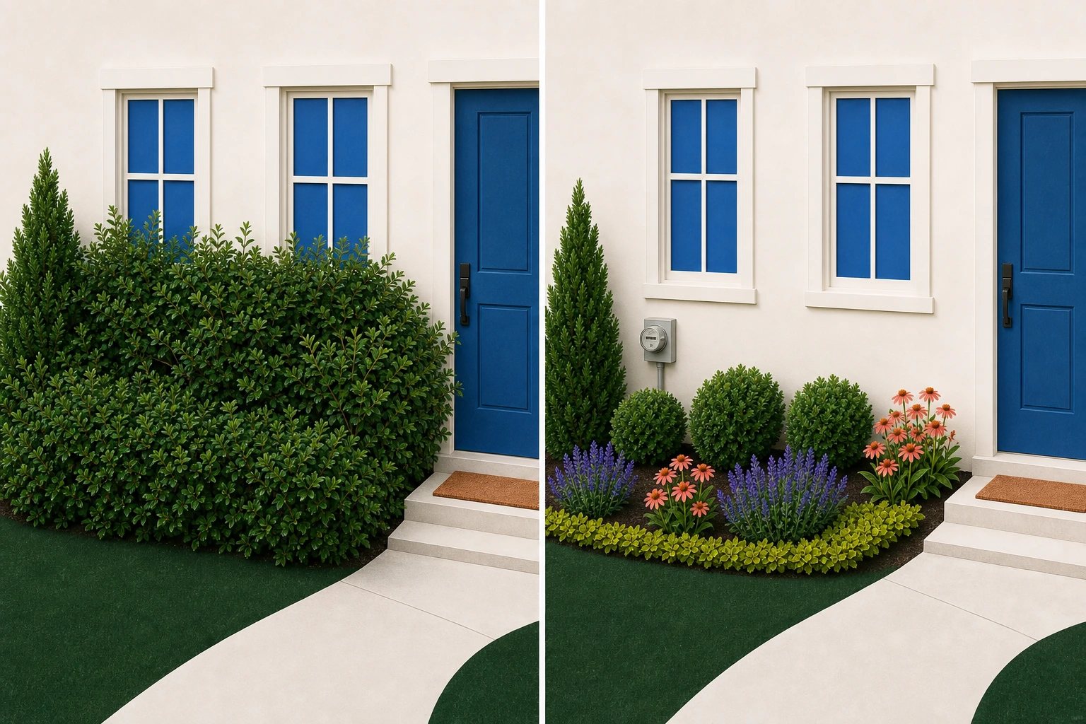 The same house with an overgrown hedge beside a mature-size planting that leaves windows, utilities, and the entry clear