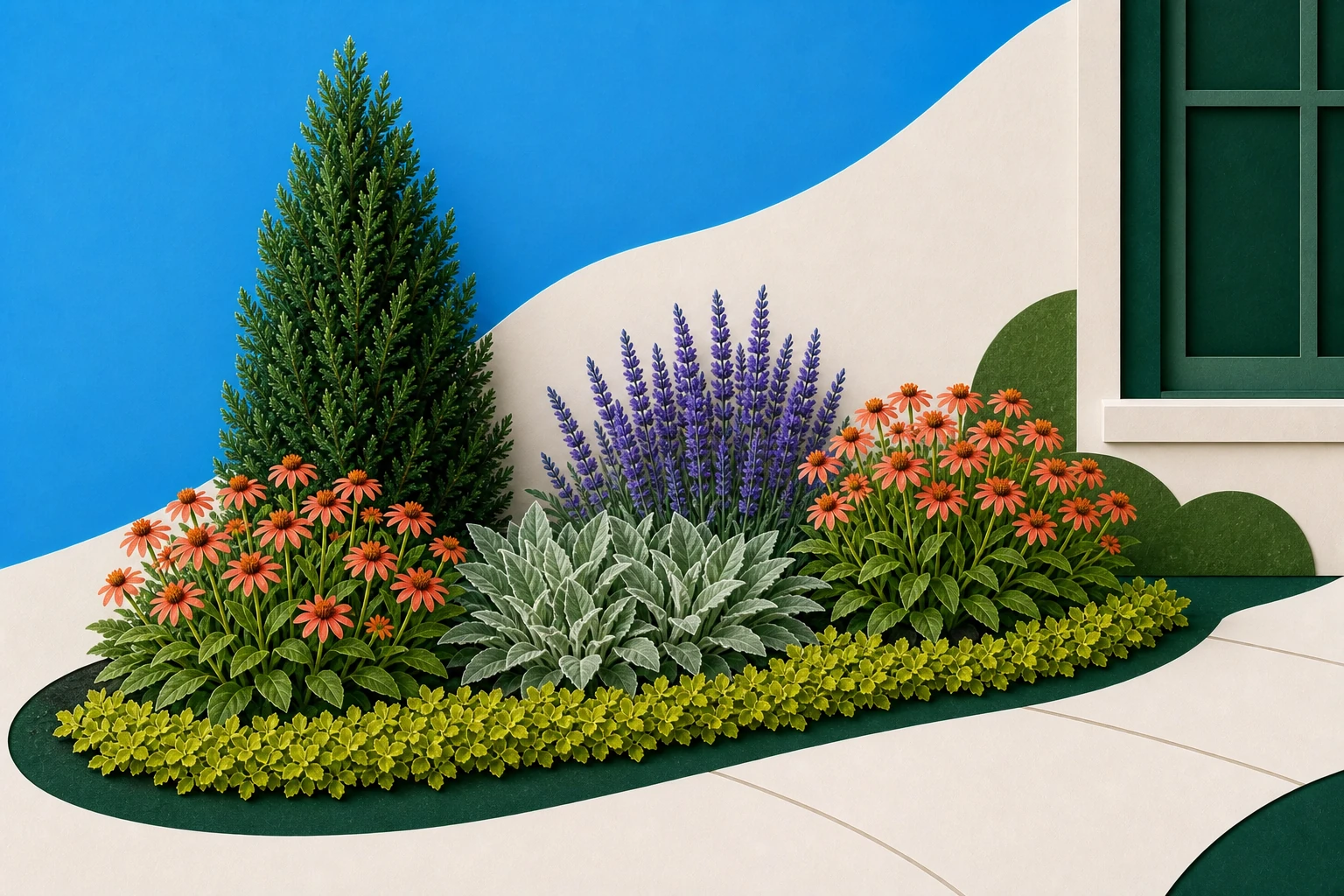 Illustrated front planting bed divided into structure, repeated flower color, foliage contrast, and a low path edge