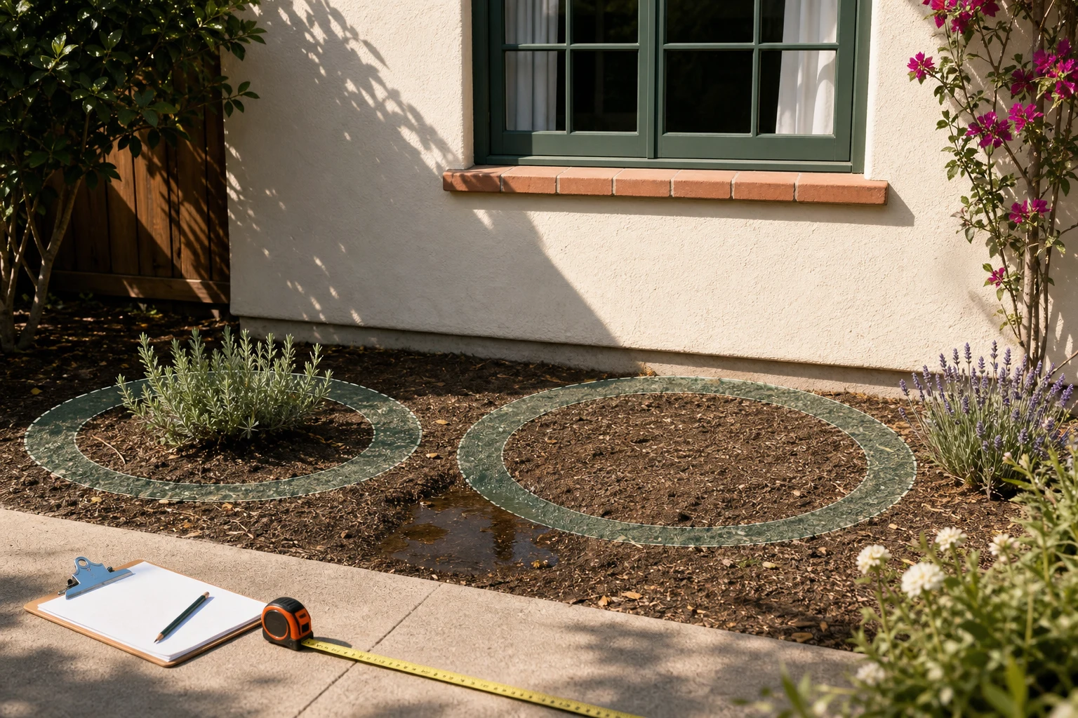 Front foundation bed being measured below a window, with sunlight, a damp patch, and mature plant width marked in the soil