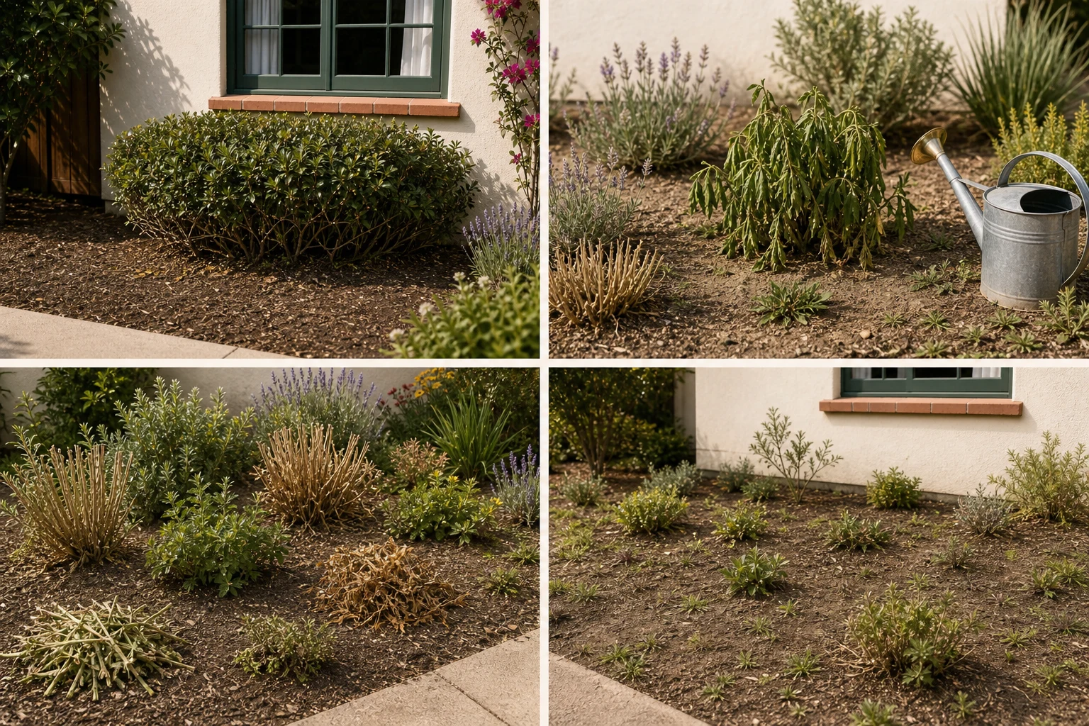 Four real front-bed maintenance problems: an oversized shrub, a wilting thirsty plant, plants needing separate seasonal cutbacks, and weeds in open soil