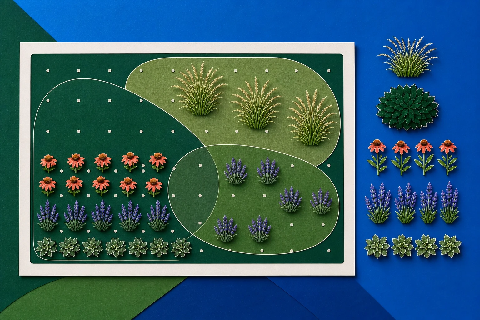 Top-down illustrated planting bed showing broad plant masses translated into repeated mature plant circles