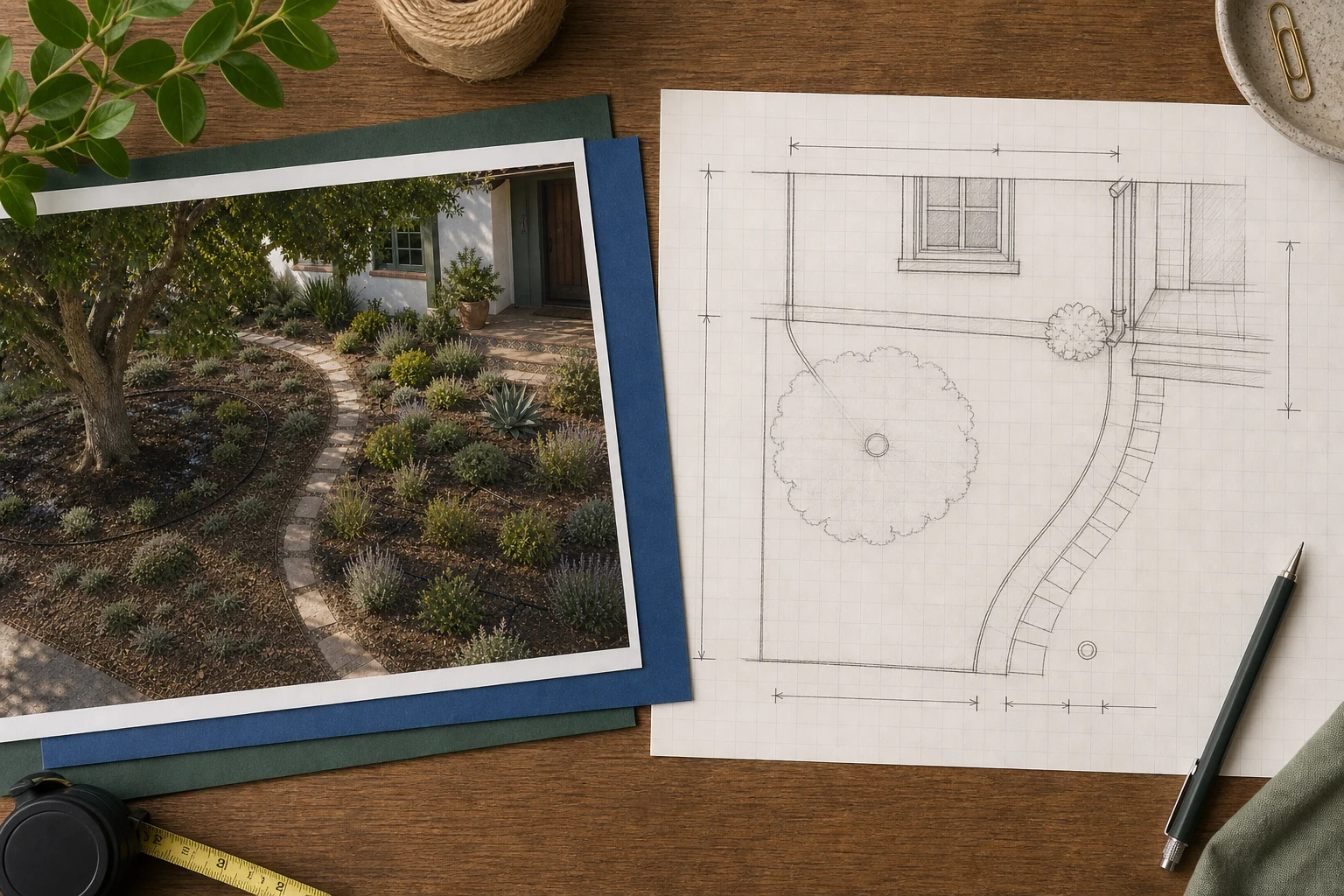 Overhead desk with a front yard photo beside a measured base-map drawing of the house, path, tree, bed boundaries, and fixed features