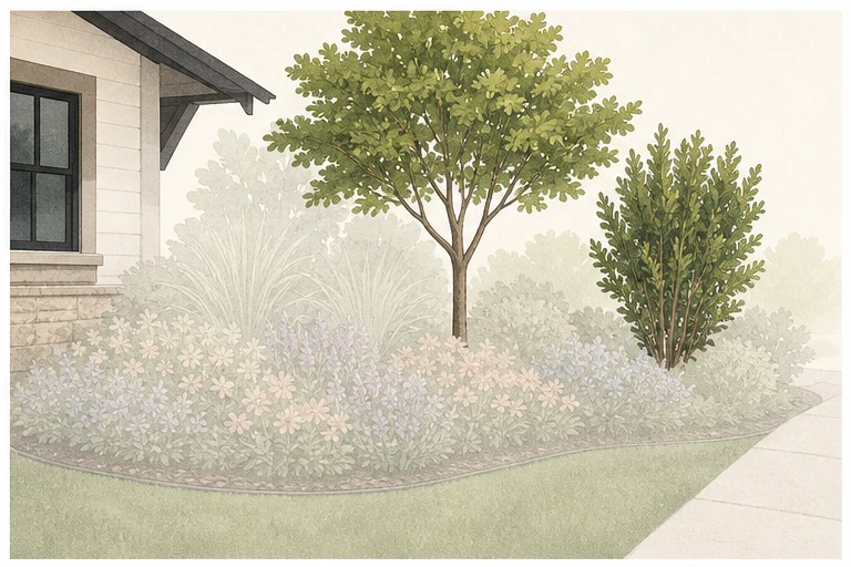 A small tree and tall shrub highlighted above muted lower planting layers