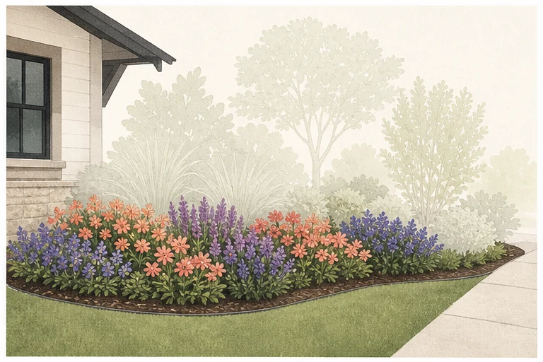 Connected seasonal flower drifts highlighted beneath muted taller planting layers