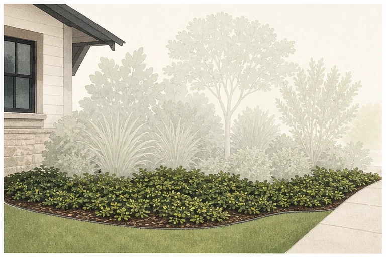 Low groundcover and leaf litter highlighted beneath muted taller planting layers