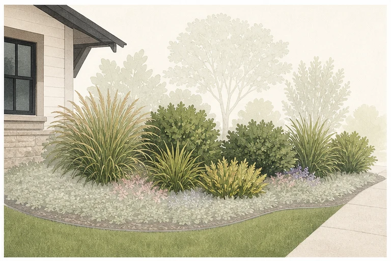 Grasses, sedges, and medium shrubs highlighted as the persistent planting structure