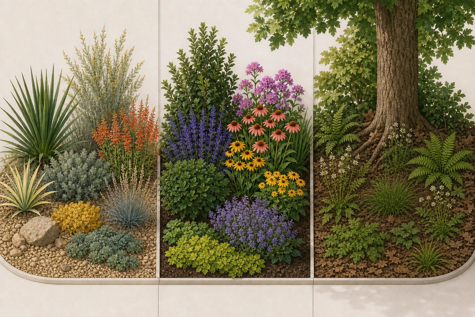 Three native-garden directions for hot dry sun, ordinary sunny moisture, and shade beneath a mature tree