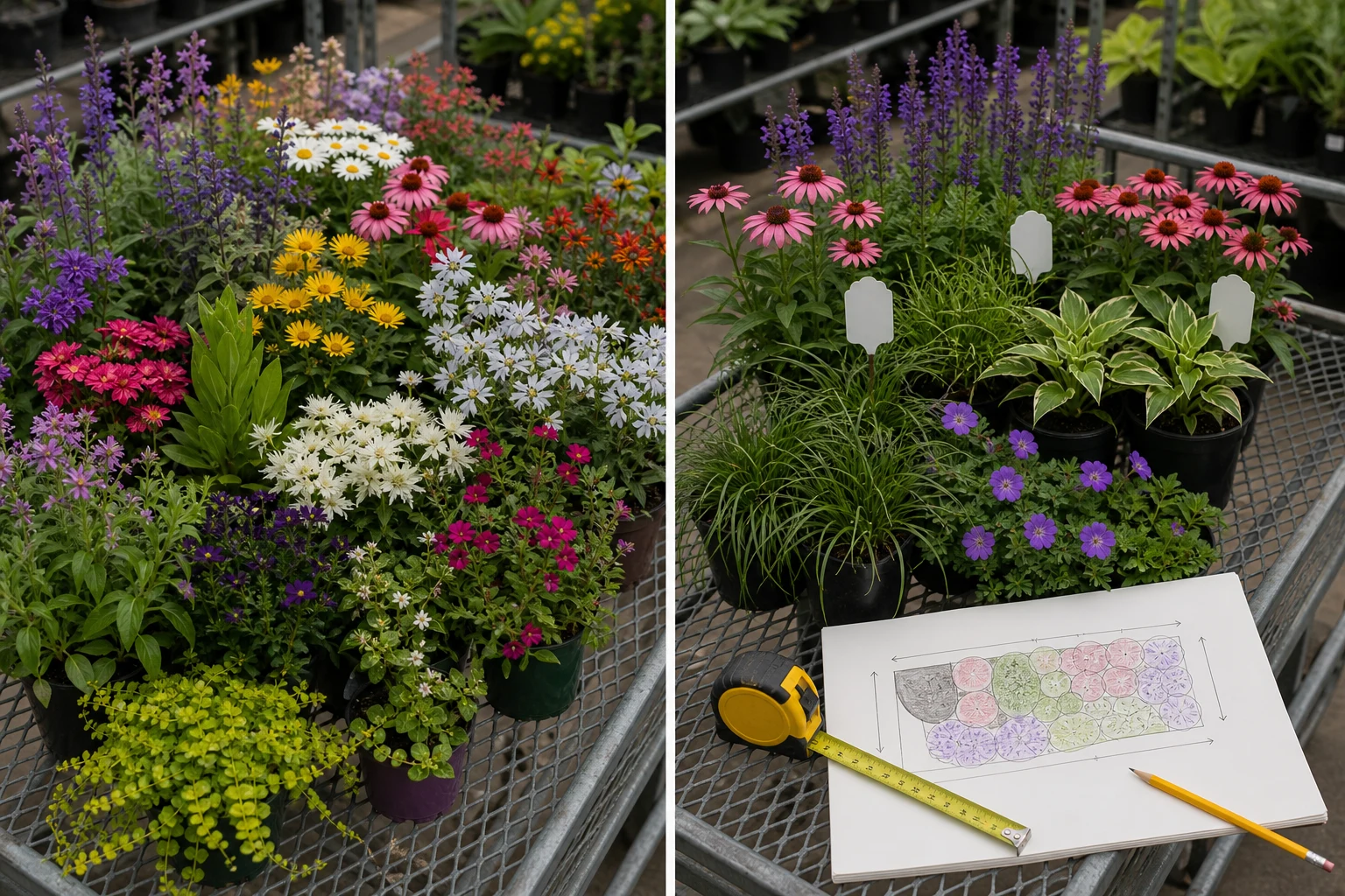 Nursery comparison showing many unrelated flowering plants beside a shorter repeated plant selection matched to a measured bed sketch