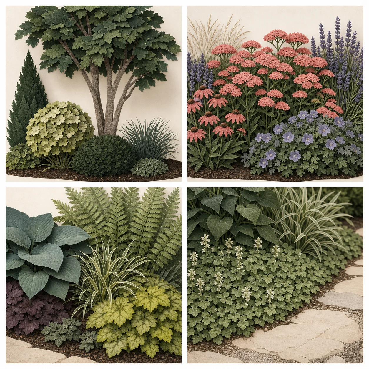 Four cut-paper garden studies showing structural anchors, a repeated flowering mass, contrasting foliage, and a low edge or ground layer beside a path